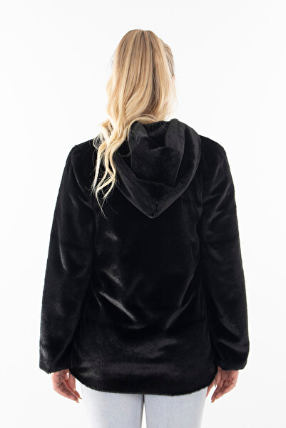 Feminist Fermuarlı Oversize Kapüşonlu Çift Cepli Peluş Mont Siyah 0108078