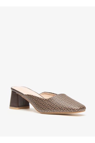Flora Bella by Shoexpress All-Over Monogram Print Slip-On Mules with Block Heels