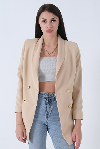 Feminist Şal Yaka Gold Metal Düğmeli Tek Ceket Taş 0105137
