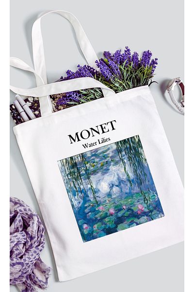 Cemira Monet Lilies Printed - Geantă de umăr din panza alb rezistenta la apa