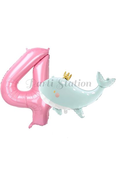 Parti Station 4 Year Old Green Cute Whale Set - Sea and Ocean Creatures, Concept Balloon and Pink Number Balloon