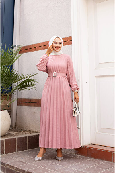 Sfg Life Moda Λινό Πλισέ Φόρεμα - Λαιμόκοψη, Ελαστικό μανίκι και Λεπτομέρεια ζώνης