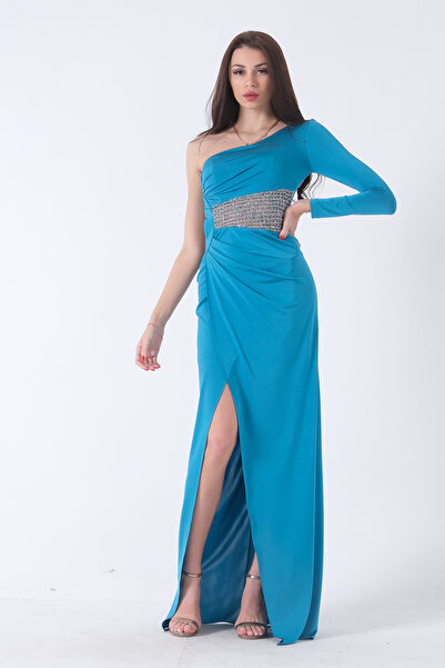 Feminist Tek Kol Yırtmaçlı Bel Dekolteli Balık Abiye Elbise Petrol 1302045