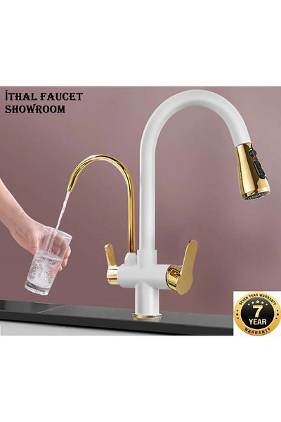 OEM Kitchen Sink Faucet Dual Flow Water Purification Outlet Spiral Matte White-gold Color Imported
