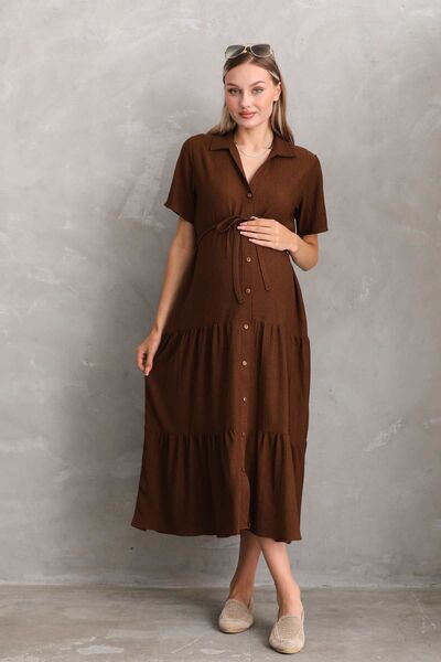 Miss Dünya Lissa Front Buttoned Shirt Collar Short Sleeve Dress for Pregnant and Maternity
