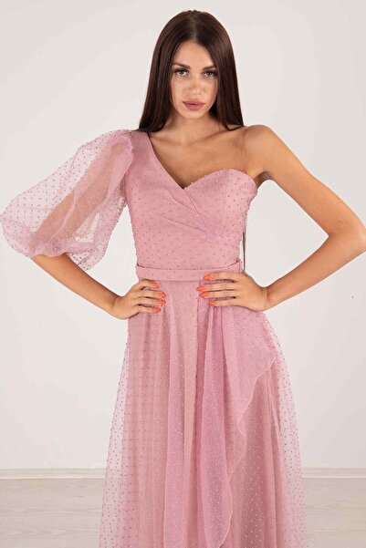 belamore Βραδινό φόρεμα με γκλίτερ τούλι με έναν ώμο - φόρεμα αποφοίτησης σε σκόνη 1301637