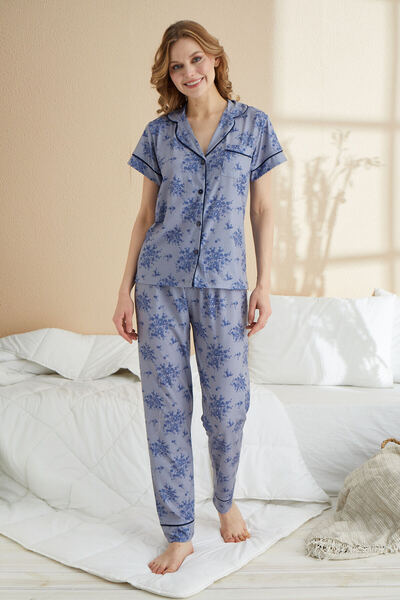 JENİKA Gray and Blue Floral Patterned Buttoned 2-piece Cotton Short Sleeve Pajamas Set
