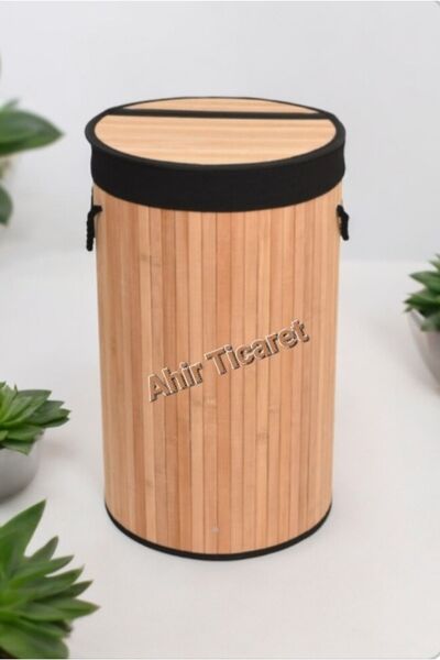 AHİR TİCARET Bambu Yuvarlak Model Çok Amaçlı Kirli Çamaşır Sepeti 72 Litre