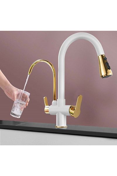 OEM Kitchen Sink Faucet Dual Flow Water Purification Outlet Spiral Matte White-gold Color Imported