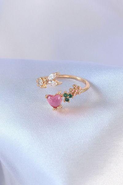 Moka Shopin Brass Zircon Stone Heart Model Women's Ring - Gold Color