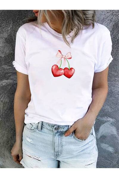 GALASHOP Kısa Kollu Yay ve Kiraz Desenli Rahat T-shirt