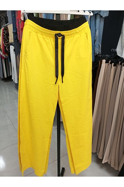 AKŞEN GİYİM Plus Size Lycra and Rubber Waisted Yellow Trousers - Wide Leg and Side Pocket