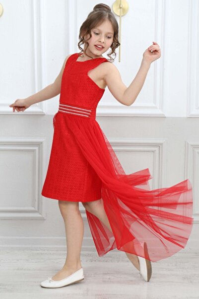 Asortix Kız Çocuk Kırmızı Abiye Elbise Mezuniyet Gece Elbisesi