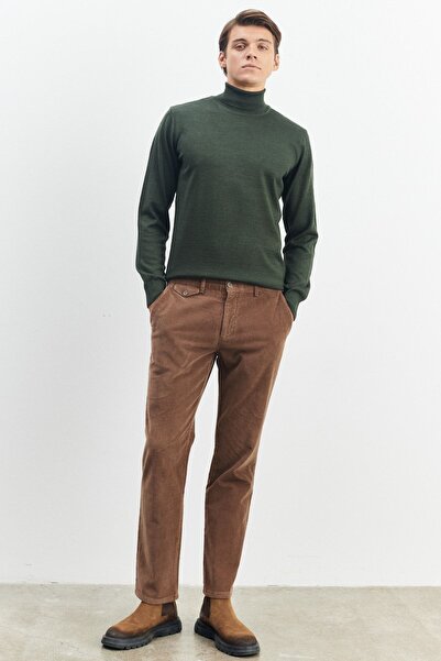 ALTINYILDIZ CLASSICS Men's Brown Comfort Fit Relaxed Cut Velvet Stretchy Trousers