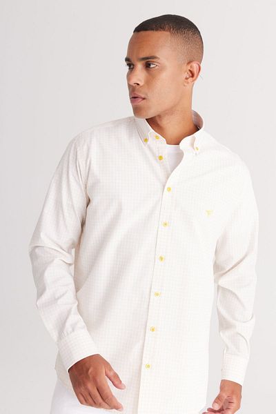 AC&Co / Altınyıldız Classics Ανδρικό λευκό-κίτρινο πουκάμισο Comfort Fit Relaxed Cut Button Collar Checked βαμβακερό πουκάμισο