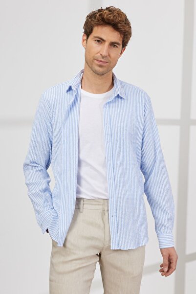 ALTINYILDIZ CLASSICS Ανδρικό λευκό-μπλε μπλουζάκι Slim Fit Slim Fit κρυφό γιακά βαμβακερό ριγέ πουκάμισο