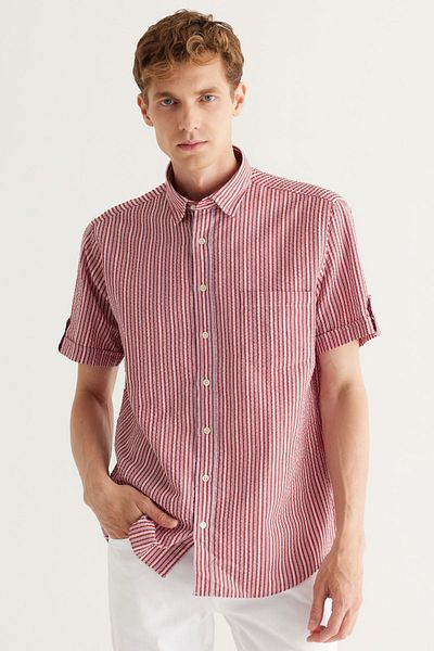 AC&Co / Altınyıldız Classics Men's Burgundy Comfort Fit Relaxed Cut Button Collar Cotton Striped Shirt