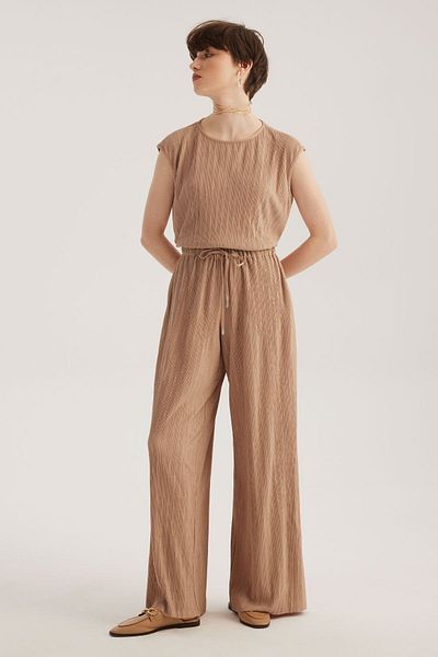 STELLA PULVIS Beige Elastic Waist Pleated High Waist Trousers with Pockets