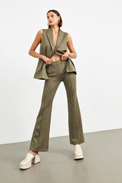 STELLA PULVIS Haki Nervürlü İspanyol Paça Süet Pantolon
