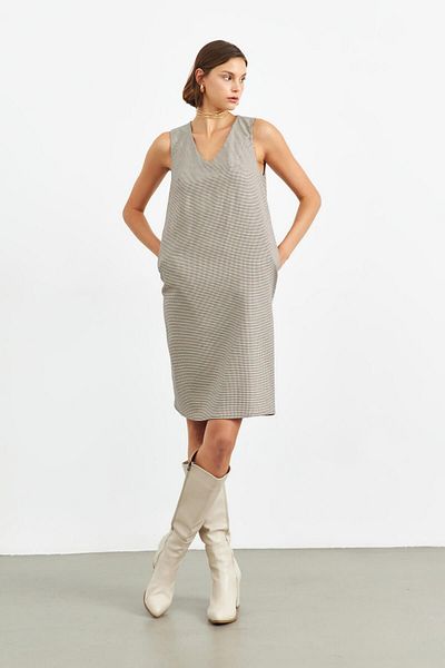 STELLA PULVIS Καφέ Gingham Αμάνικο Midi Φόρεμα με λαιμόκοψη