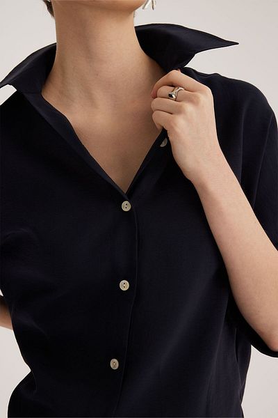 STELLA PULVIS Navy Blue Bat Sleeve Modal Shirt