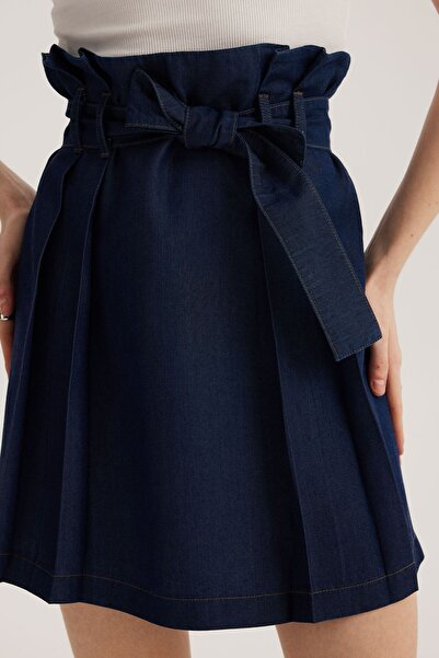 STELLA PULVIS Mavi Yüksek Bel Pileli Kot Etek