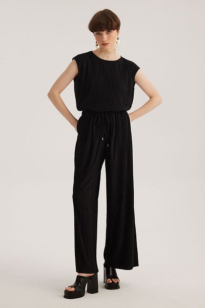 STELLA PULVIS Black Elastic Waist Pleated High Waist Trousers with Pockets