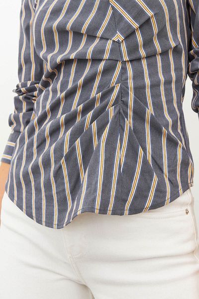 STELLA PULVIS Gray Pleat Detailed Double Breasted Striped Shirt