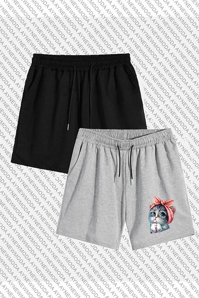 aynewmoda Men's Regular Fit Pocket Sweet Lovely Cat Shorts - Printed