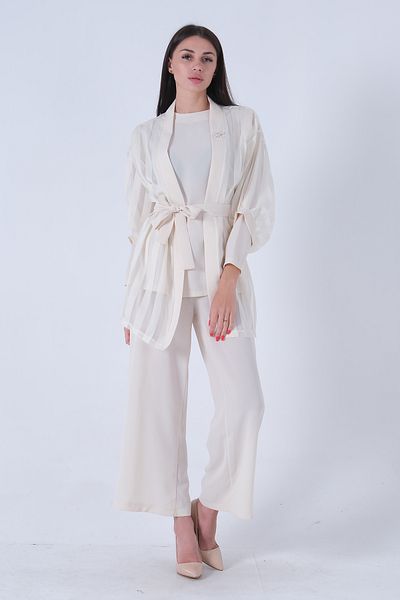 Feminist Line Patterned Brooch Suit Cream4577134