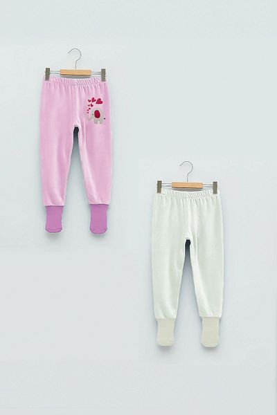 Lilabio 2-Piece Cotton Baby Bottom Pajamas with Socks Pink Ecru