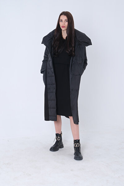 Feminist Kapitone Detaylı Kaşe Kaban Siyah 44510261