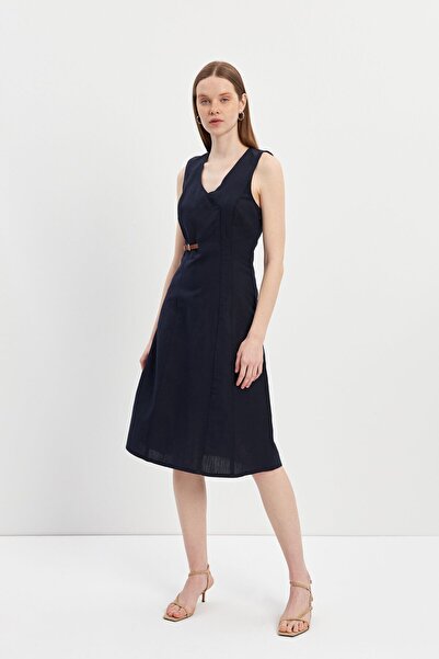 STELLA PULVIS Lacivert Biyeli Kemer Detaylı Keten Midi Elbise