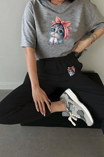 LUNAVISTA Little Cat Printed Cute αθλητικό σετ - Jogger T-Shirt and Sweatpants