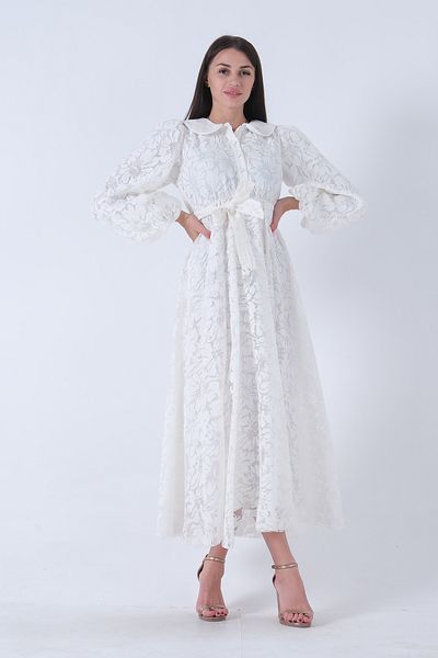 Feminist White Hijab Dress - With Mobile Belt and Floral Pattern4571424