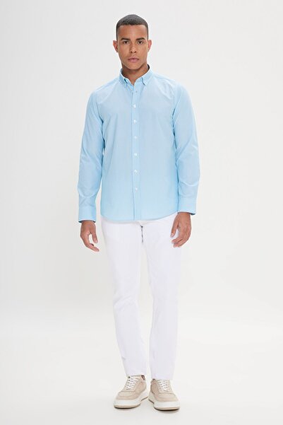 AC&Co / Altınyıldız Classics Cămașă cu dungi din bumbac, alb-turcoaz, slim fit, cu guler ascuns, cu nasturi