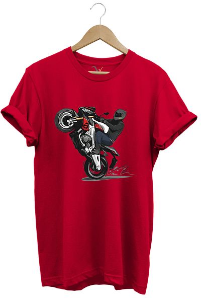 WİDİ Front Lifter Racing Biker Printed 100% Cotton Red T-Shirt
