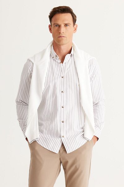 AC&Co / Altınyıldız Classics Men's White Camel Slim Fit Narrow Cut Classic Collar Cotton Striped Shirt