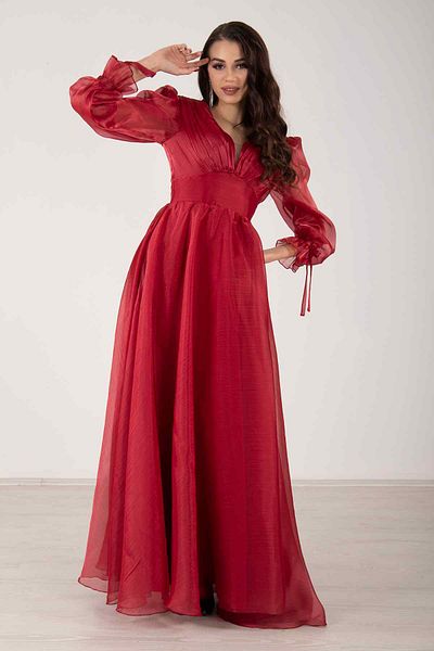 Feminist Long Sleeve V-Neck Dalya Evening Dress Burgundy9704885