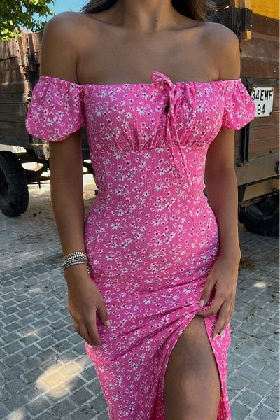 Hisleria Summer Flower Pattern Watermelon Sleeve Front Tie Slit Midi Dress - Pink