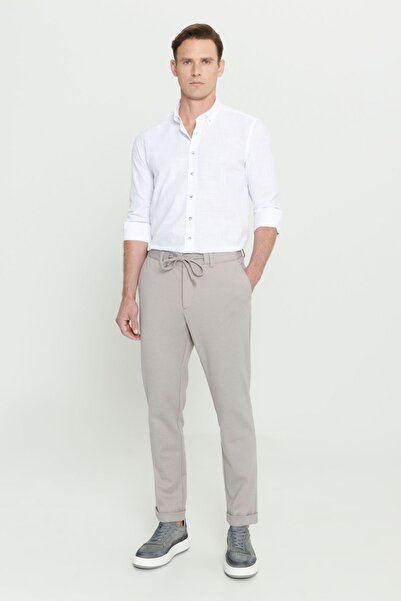 AC&Co / Altınyıldız Classics Men's Light Gray Slim Fit Narrow Cut Tie Waist Flexible Trousers