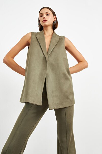 STELLA PULVIS Khaki Shawl Collar Lined Suede Vest