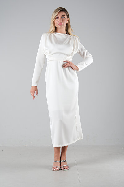 Feminist Üzeri Pilise Detaylı Saten Tesettür Abiye Elbise Ekru 6502300