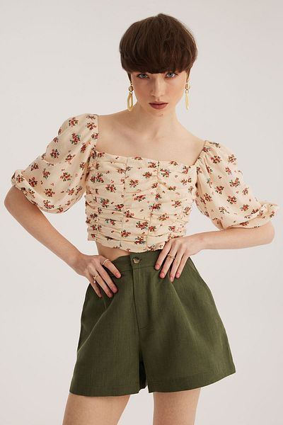 STELLA PULVIS Ecru Off-Shoulder Gathered Crop Blouse