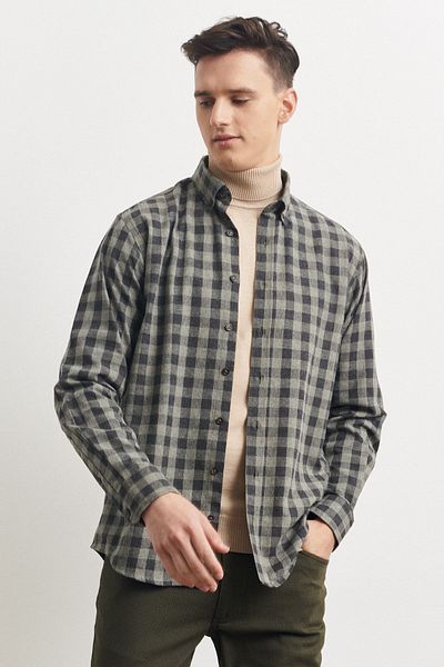 ALTINYILDIZ CLASSICS Ανδρικό ανθρακί-πράσινο πουκάμισο Comfort Fit Relaxed Cut Button Collar Checked Flannel Lomberjack