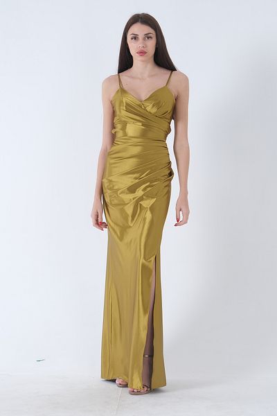 Feminist Back Low-cut Slit Long Satin Evening Dress Pistachio4522004