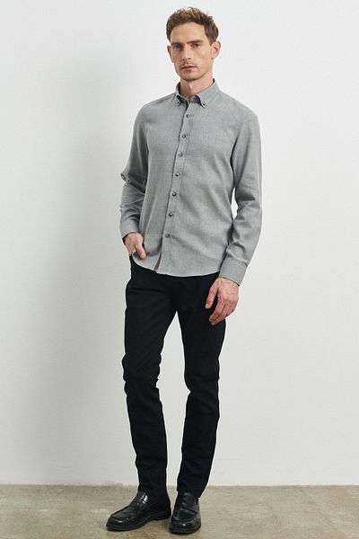ALTINYILDIZ CLASSICS Hellgraues Slim-Fit-Flanell-Holzfällerhemd mit Knopfkragen für Herren