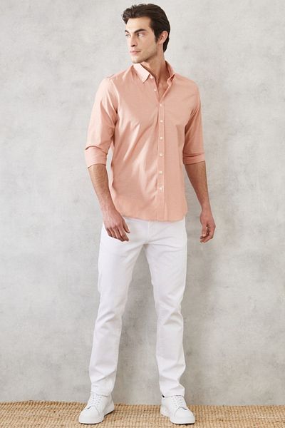 AC&Co / Altınyıldız Classics Orangefarbenes Slim-Fit-Hemd für Herren aus Oxford-Baumwolle mit Knopfkragen und Gingham-Karomuster