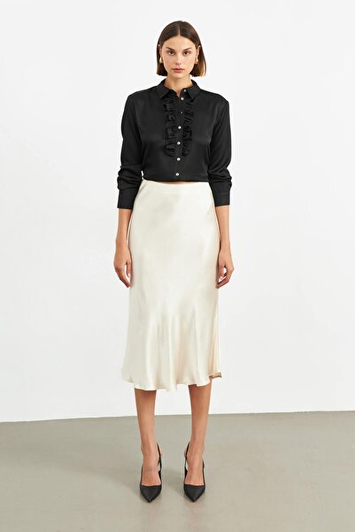 STELLA PULVIS Миди сатенена пола с еластична талия в цвят екрю