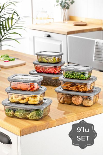 Vienev Anthracite 9-Piece Poly Cover Shallow Storage Set - 400, 670, 1200 ml Rectangular
